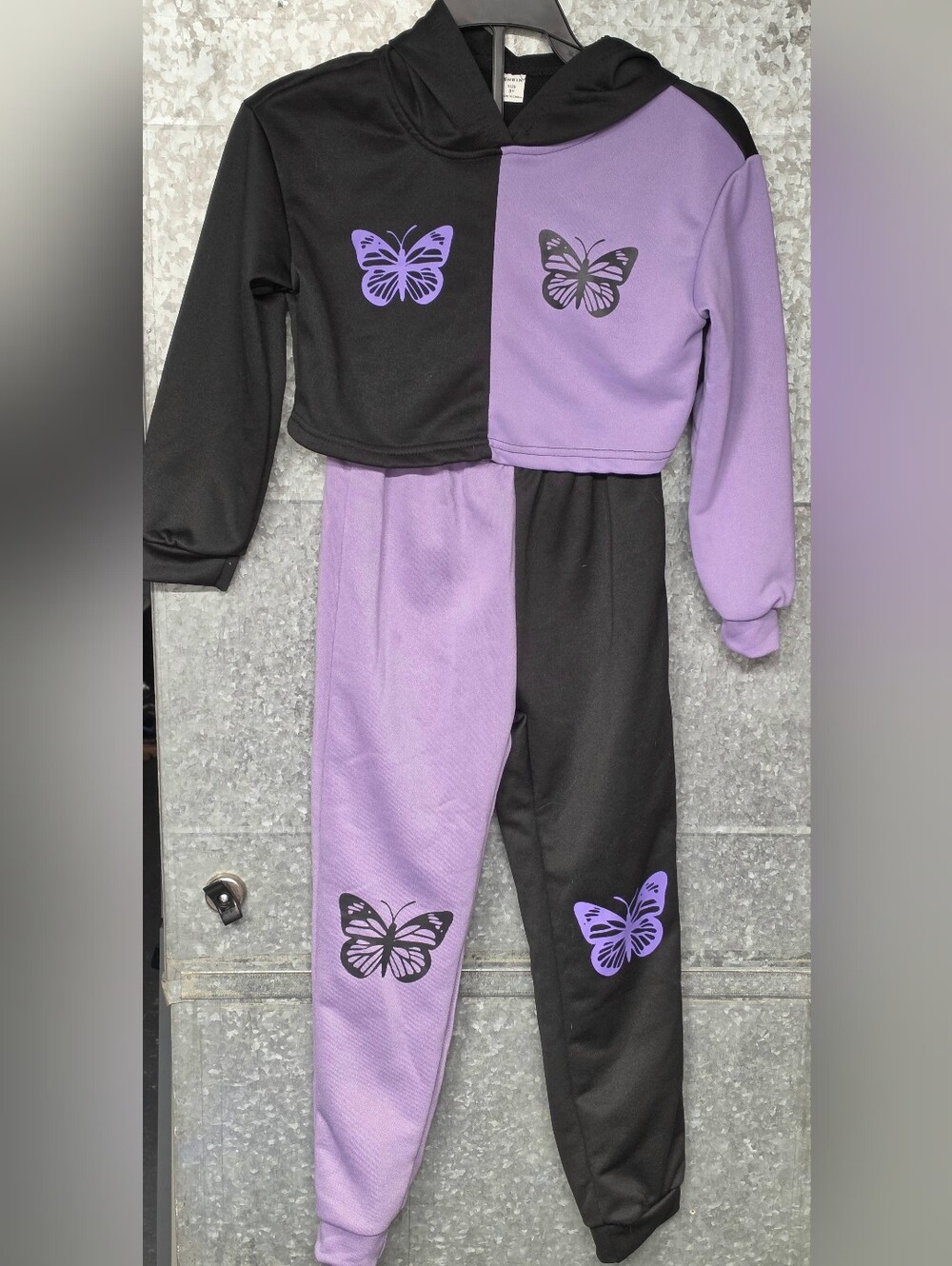 SHEIN Purple/Black Butterfly Colorblock 2 Pc Cropped Hoodie & Pants Set Girls 8